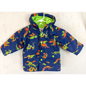 Hatley sz 6-12 m Hooded Rain Jacket lined blue & orange dinosaurs boys 2155